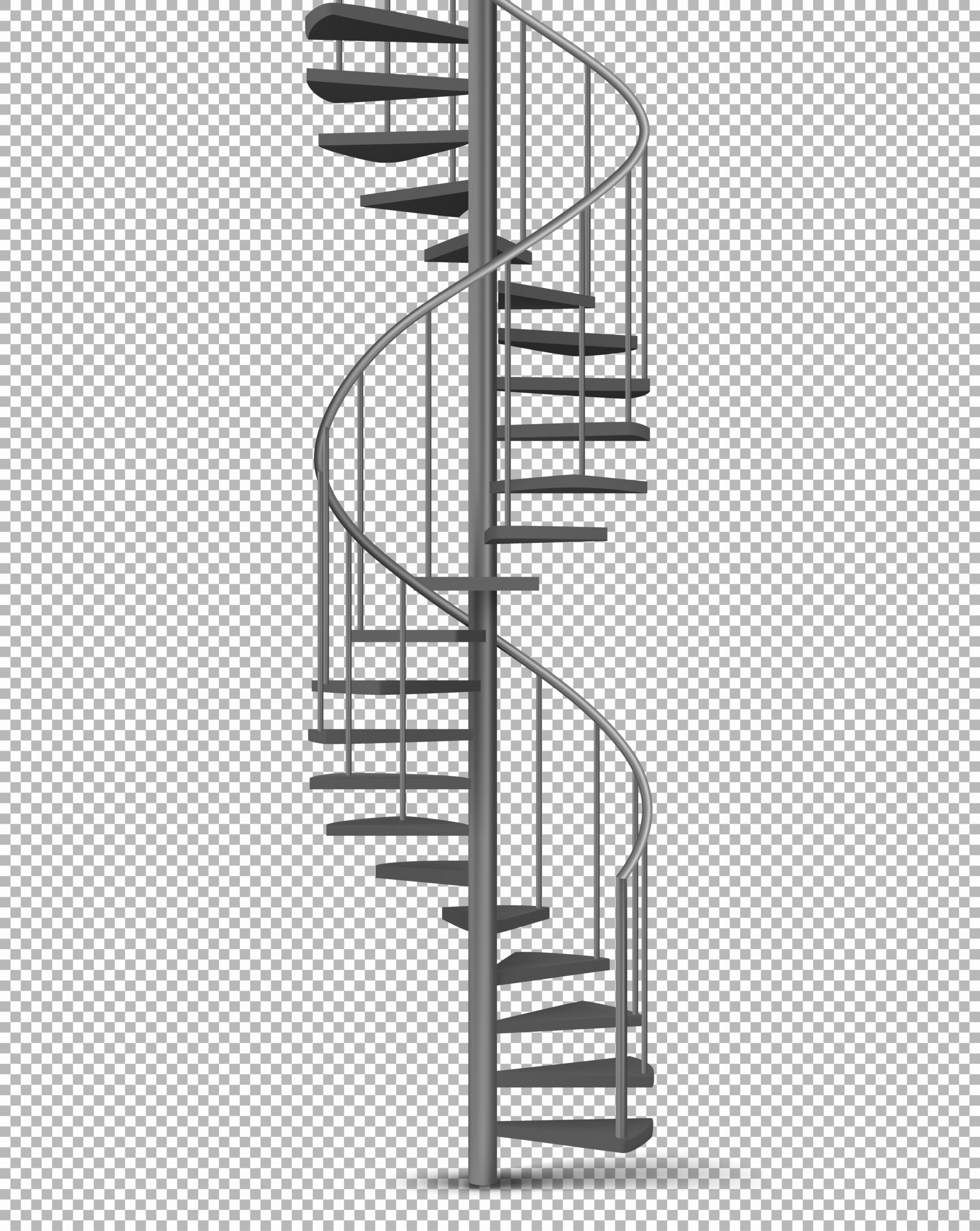 Metal spiral, helical staircase on pillar with tube railings and wooden stairs 3d realistic vector illustration isolated on transparent background. House interior, building exterior design element